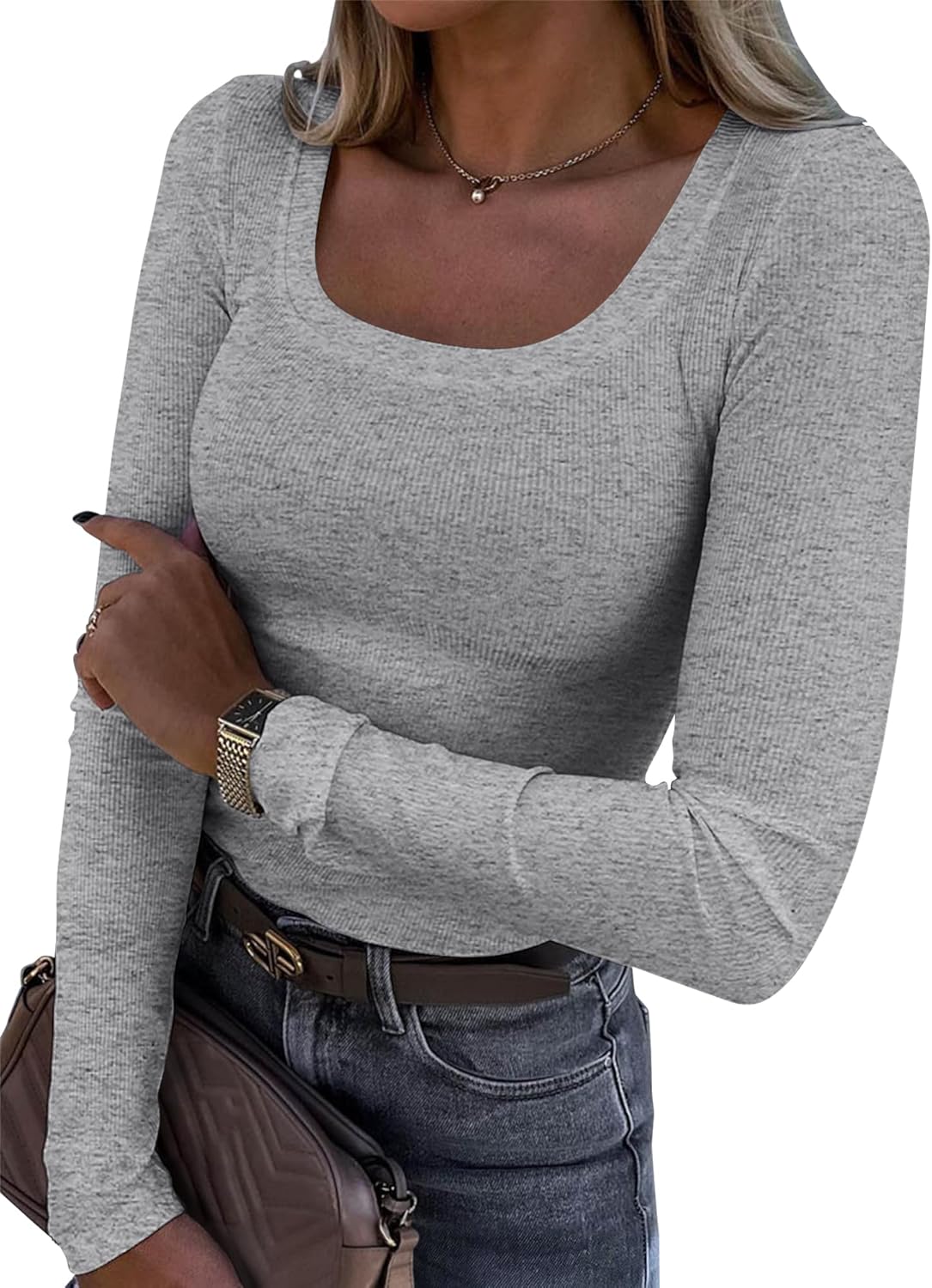 Roselux Womens Long Sleeve Scoop Neck Ribbed Knit Fitted Casual Tops Tee Slim Basic Shirts
